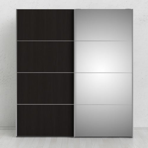Verona Sliding Wardrobe 180cm in Black Matt with Black Matt and Mirror Doors with 2 Shelves